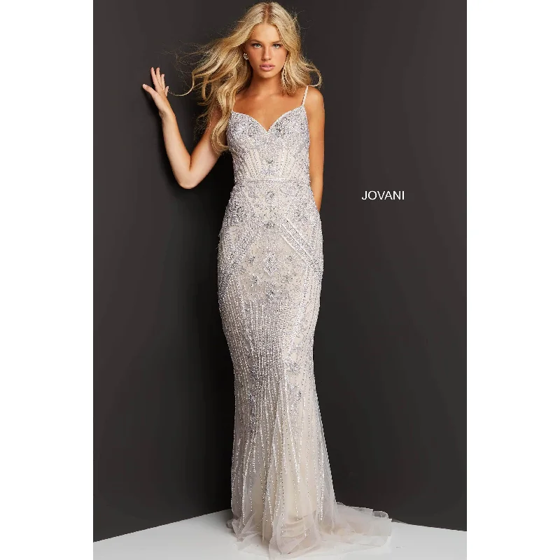 Jovani Nude Spaghetti Strap Embellished Prom Dress 06678
