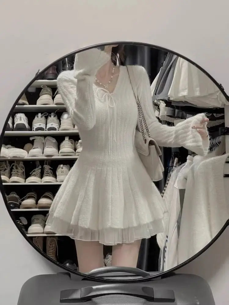 GETADME Winter Sexy Elegant Knitted Dress Woman Lace Up Design Sense Harajuku Slim Sweater Dresses New Solid Chic Mini Party Dress 2025 Sweater Knitwear Pullover