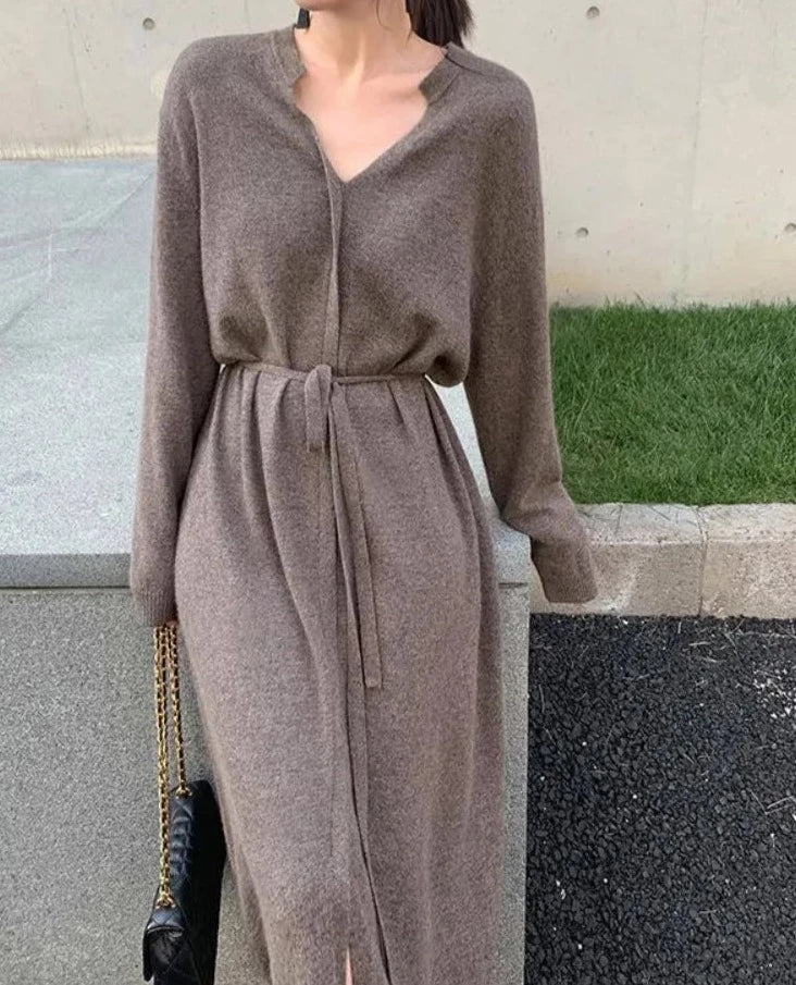 Sweater Dress for Women Autumn Winter Mid Length Underlay Outwear Over Knee Drawstring Waist Elegant Knit Dress Women's Clothing Nylon Fabric Polyester Fabric Spandex Fabric