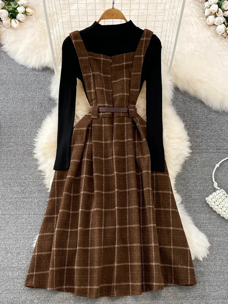 GETADME High Quality Fall Winter Women Sweater Overalls Dress Sets Casual Knitted Tops +Plaid Woolen Dress 2 Piece Sets Outfits Female Solid Color Striped Floral Print