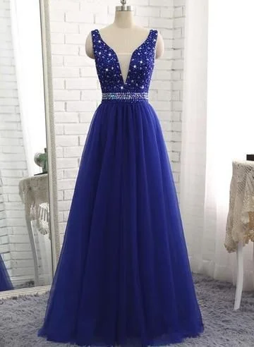 Gorgeous Royal Blue Beaded V Neckline Long Party prom dress cg5768