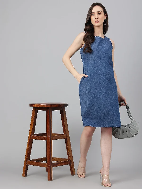 Janasya Women's Blue Denim Solid Straight Western Dress