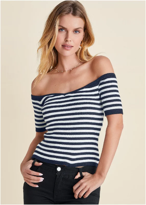 Off The Shoulder Sweater - Black Iris Combo Fitted Slim Tailored