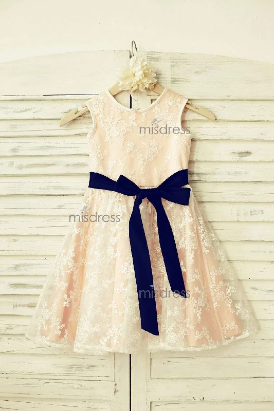 Ivory Lace Blush Pink Lining Flower Girl Dress, Navy Blue Sash