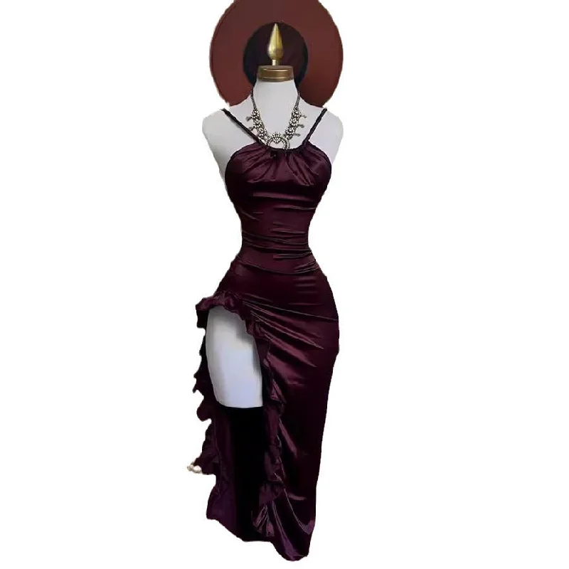 Pphmm outfit inspo Women's Sleeveless Sling Solid Color Satin Exposed Leg Dress