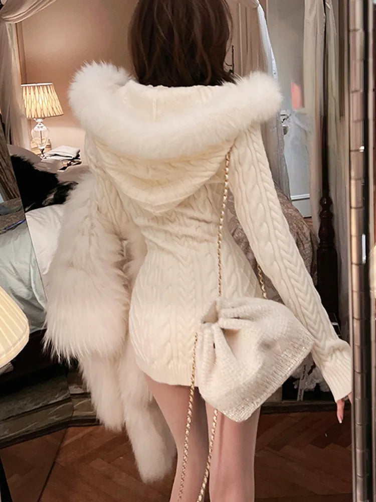 Winter Knitted Sweater Dress with Hooded Women Slim Bodycon Y2k Mini Dress Faux Fur Female One Piece Dress Korean Elegant Terry Blend Velvet Blend Canvas Blend
