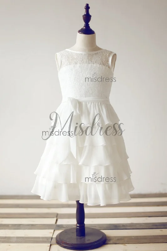 Boho Beach Ivory Lace Chiffon Cupcake Flower Girl Dress