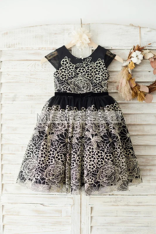 Cap Sleeves Gold Lace Black Tulle Wedding Party Flower Girl Dress