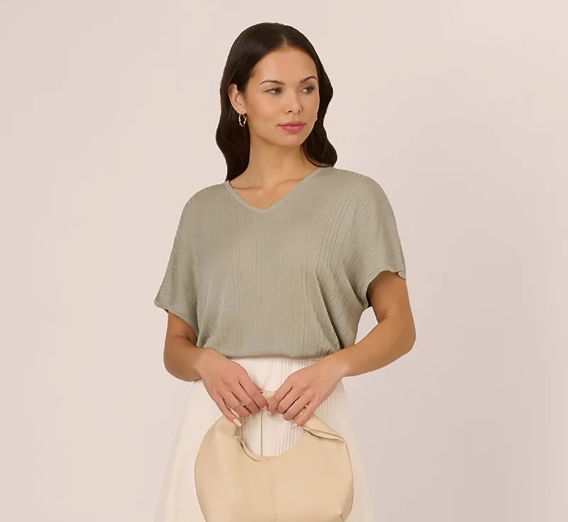 Short Sleeve Lightweight Rib Knit Sweater Top In Seafoam Mist Seamless Knitted Crochet