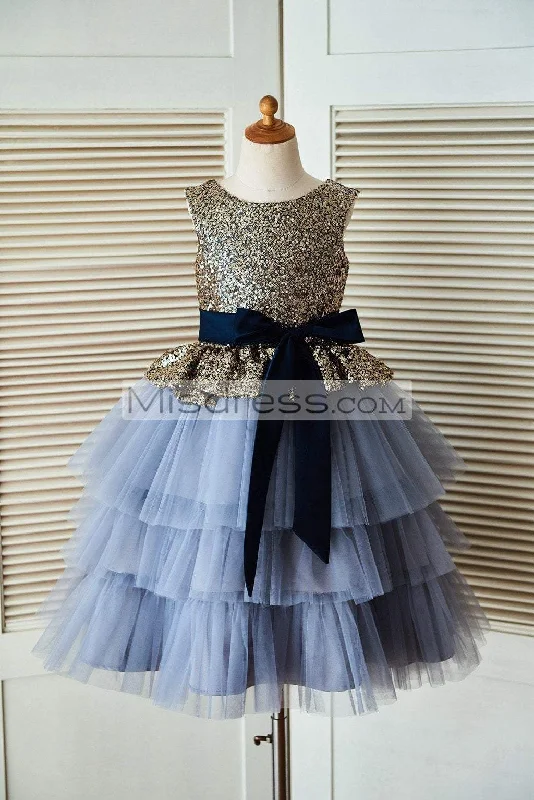 Princess Gold Sequin Blue Cupcake Tulle Wedding Flower Girl Dress, Belt