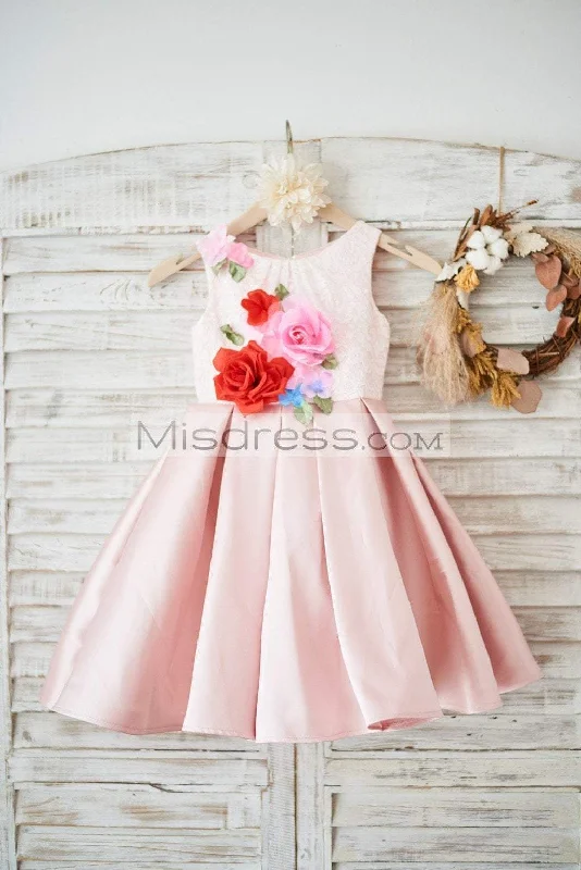 Ivory Lace Peach Twill Satin Wedding Flower Girl Dress, Slit Back