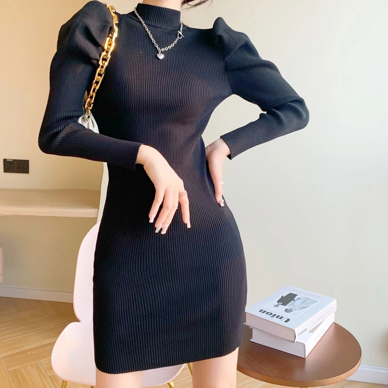 Znbbw Women Knitting Full Puff Sleeve Base Sweaters Dresses Girls Slim Turtleneck Mini Sheath Knitwear Dress Real Photos Plaid Sweater Polka Dot Checkered
