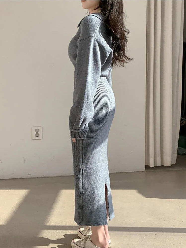 Autumn Winter Vintage Korean Long Sleeve Knitted Sweater Dresses Woman Zipper Lapel Elegant Warm Midi Bodycon Dresses Robe Mesh Sweater Canvas Denim
