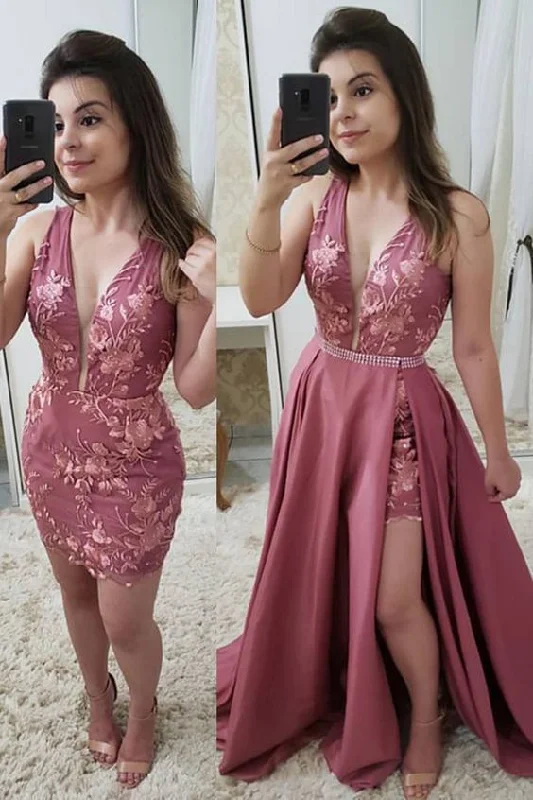 Fashion Deep V Neck Lace Detachable Skirt Fancy Prom Dresses cg5484