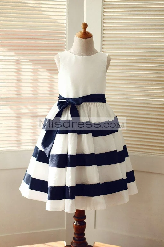 A-line Ivory/Navy Blue Taffeta Stripe Wedding Flower Girl Dress