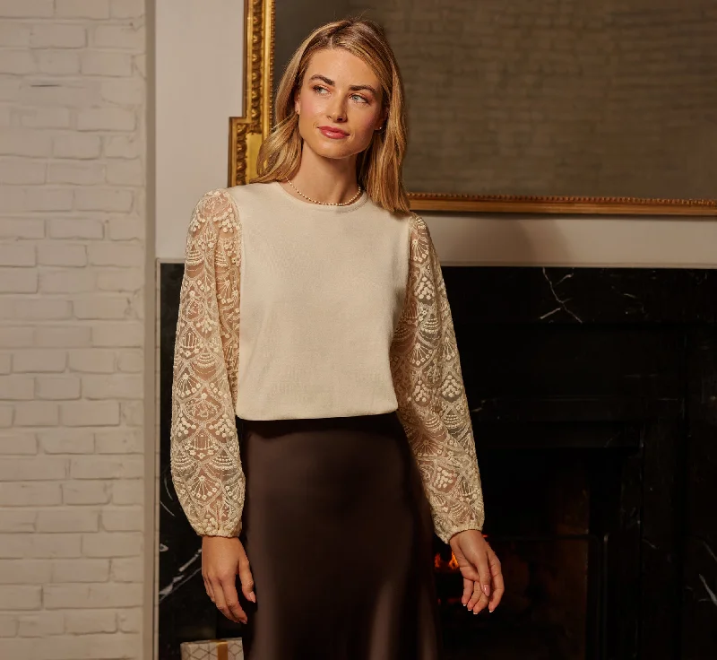 Lace Sleeve Crew Neck Sweater In Cream Stylish Fashionable Trendy
