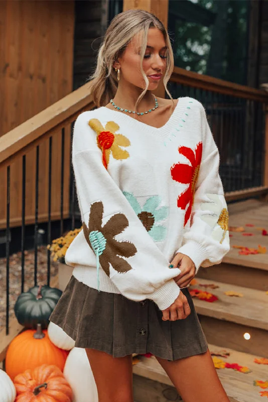 Flower Pattern V Neck Drop Shoulder Sweater Fitted Slim Tailored