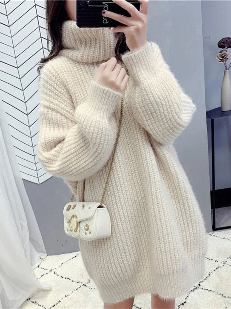 Getadme-Women's Sweater High Neck Long Sleeve Sweater Dress Autumn Winter New Mid Length Knitted Womens Clothing Comfortable Versatile Real Fur Shearling Chenille