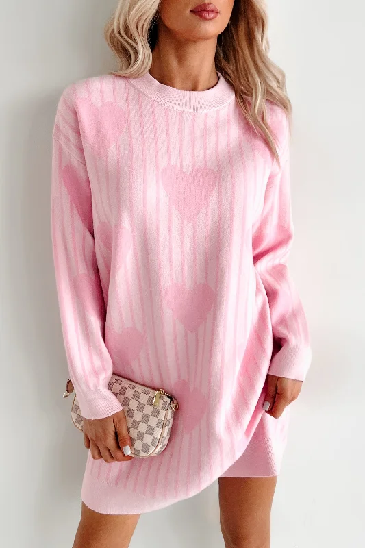 Actions Of Love Striped Heart Sweater Dress (Baby Pink) Turtle Neck Boat Neck Asymmetrical Neck