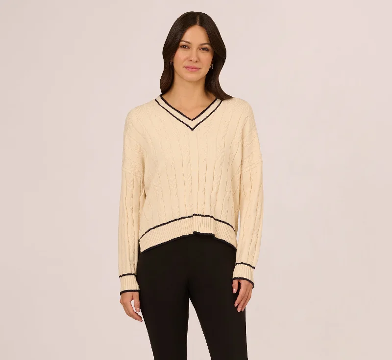 V Neck High Low Cable Knit Sweater In Cream Blue Moon Soft Cozy Warm