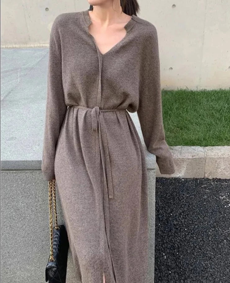Sweater Dress for Women Autumn Winter Mid Length Underlay Outwear Over Knee Drawstring Waist Elegant Knit Dress Women's Clothing Turtle Neck Boat Neck Asymmetrical Neck