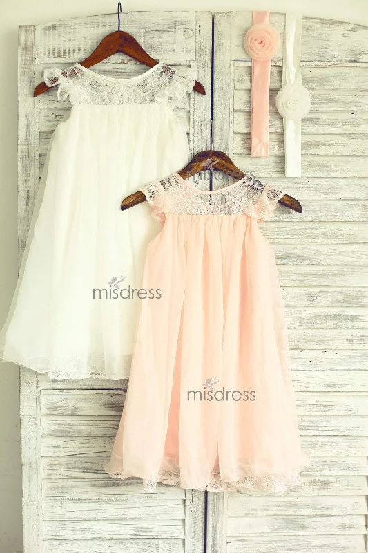 Lace Ruffles Cap Sleeves Chiffon Flower Girl Dress, Flowers Sash