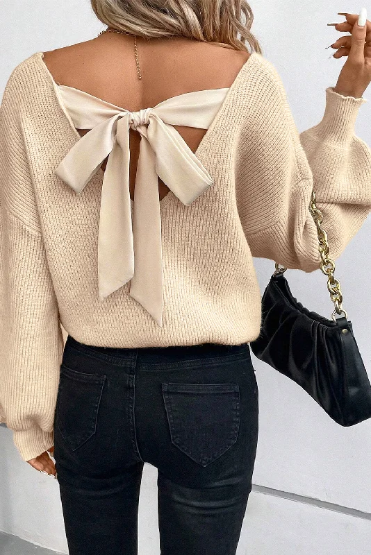 Lantern Sleeve V Neck Knot Back Sweater Machine Wash Dry Clean Hand Wash