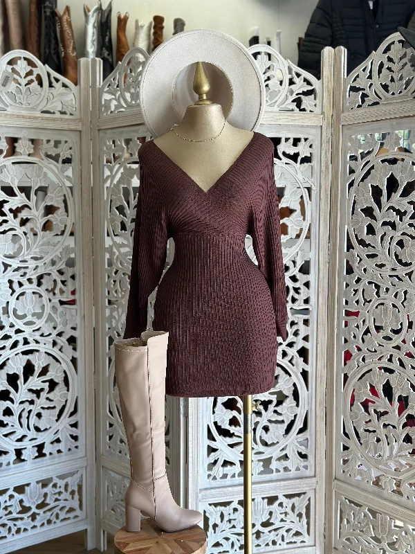 Brown Sweater Wrapped Dress Welt Pockets Slit Pockets Flap Pockets