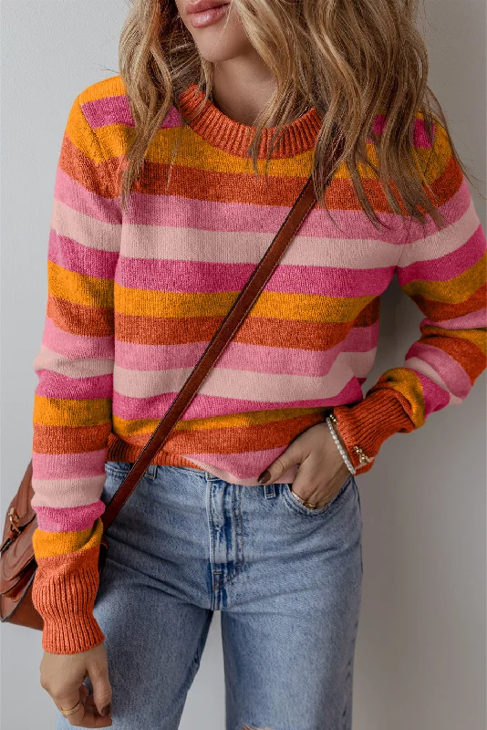 Color Block Ribbed Edge Round Neck Sweater Sequined Glittery Shiny