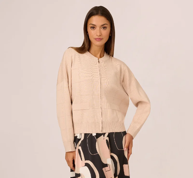 Long Sleeve Zip Front Sweater Bomber In Champagne Blush Fitted Slim Tailored