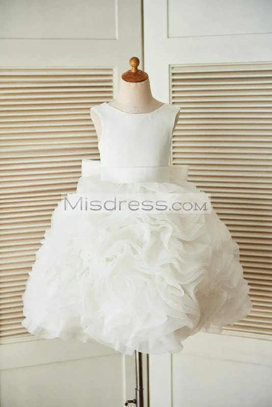 Princess V Back Ivory Satin Organza Ball Gown Wedding Flower Girl Dress