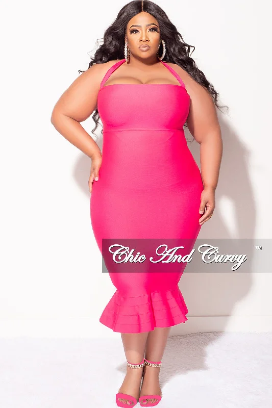 Final Sale Plus Size Halter Bandage Dress with Ruffle Bottom in Fuchsia