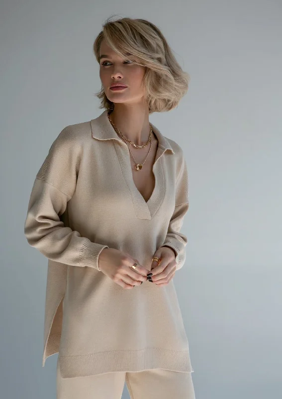 Nalla Cream Polo Oversized Sweater Stretchy Elastic Breathable