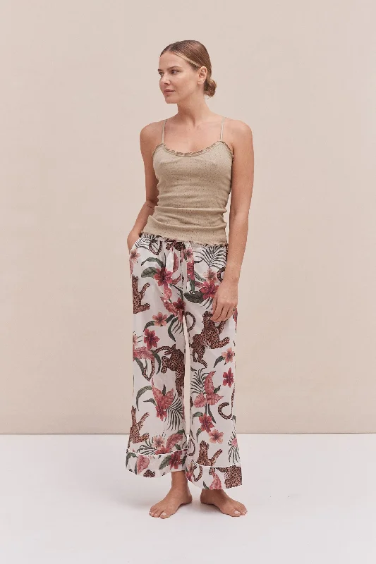 Soft V Tank Top & Wide Leg Trouser Set Khaki/Soleia Print Cream casual tank top