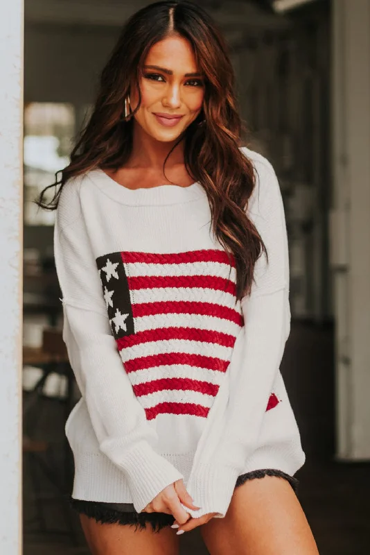 American Flag Sweater with Side Slits Stylish Fashionable Trendy