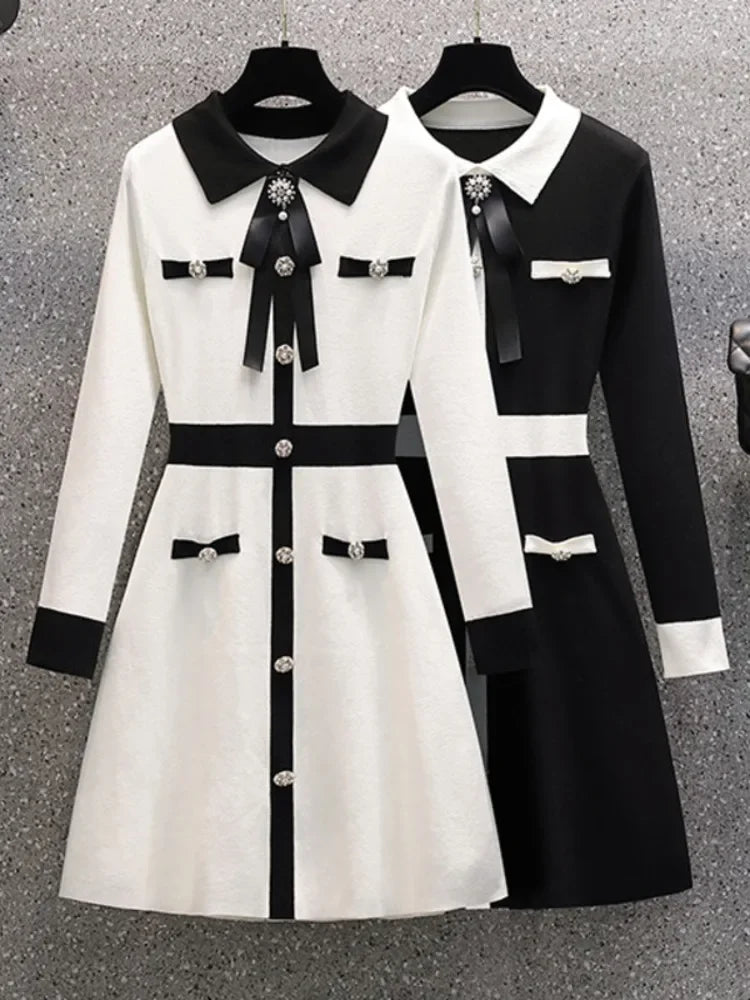 GETADME Small Fragrance Fall Winter Knitted Sweater Dress Women Bow Tie Buttons Vintage Party Mini Dress Elegant Casual Chic Robe Femme Beaded Sweater Sequined Faux Fur