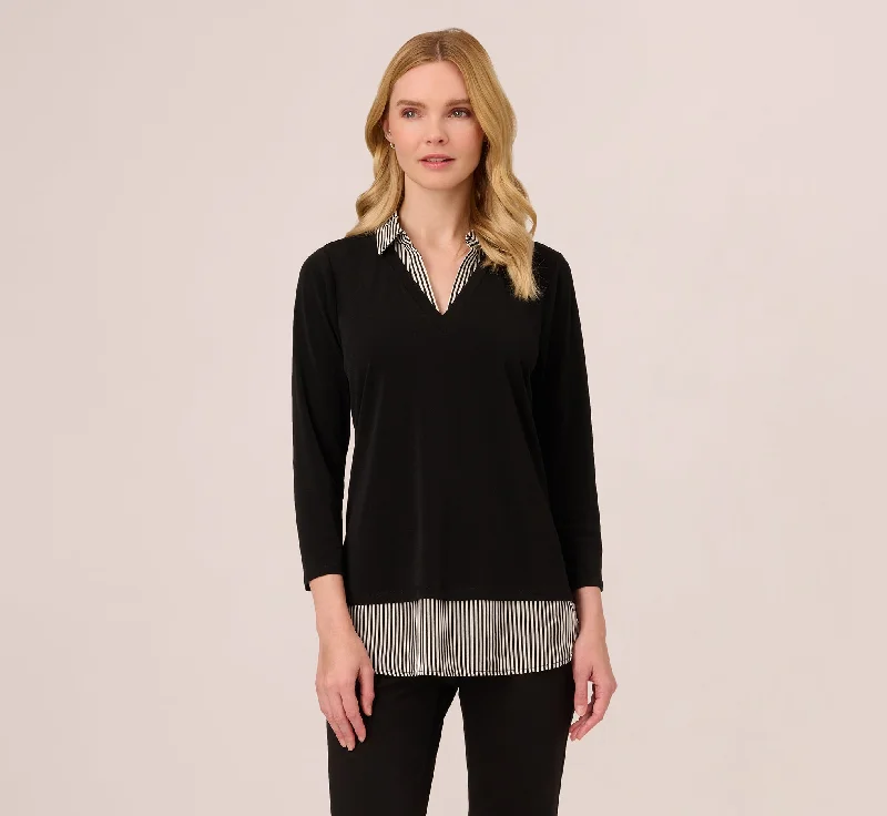 Three Quarter Sleeve Sweater With Button Down Accents In Blackw Black Ivorysmall Stripe Velvet Chenille Corduroy