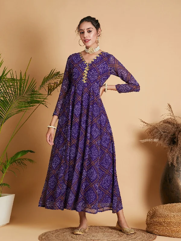 Lyush Women Purple & White Bandhej Anarkali Dress