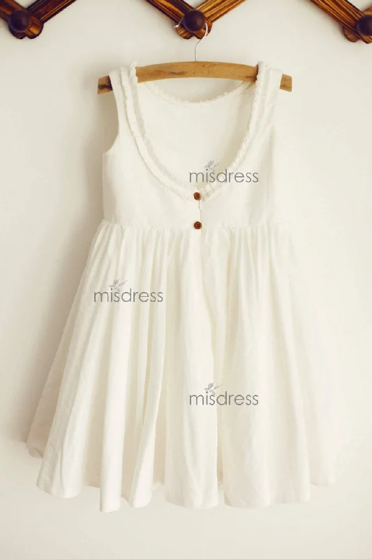 A-line U Back Ivory Cotton Ruffle Neckline Flower Girl Dress