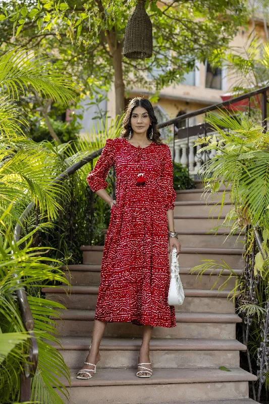Women Red Bandhani Printed Flared Dress - Rasiya