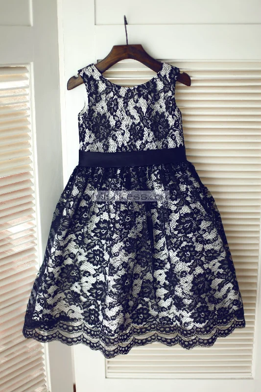 A-line Black Lace Silver Gray Lining Sleeveless Wedding Flower Girl Dress