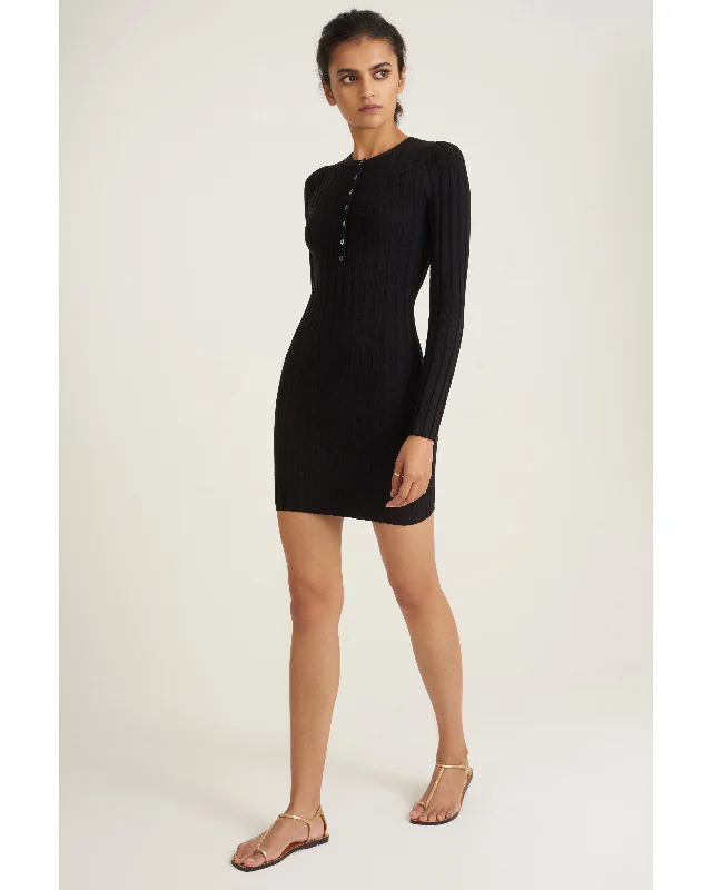 Brantley Ribbed Henley Long Sleeve Sweater Dress in Black Lace Blend Ribbed Blend Corduroy Blend
