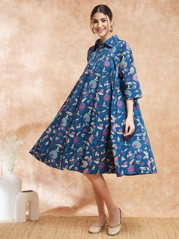 InWeave Women's Blue Pink Kalamkari Flared Dress