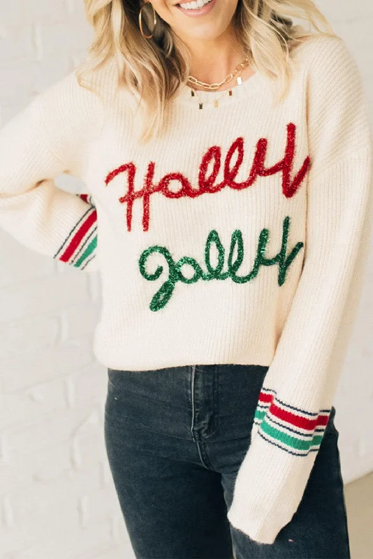 Beige Tinsel Holly Jolly Graphic Classic Sweater Ribbed Striped Patterned