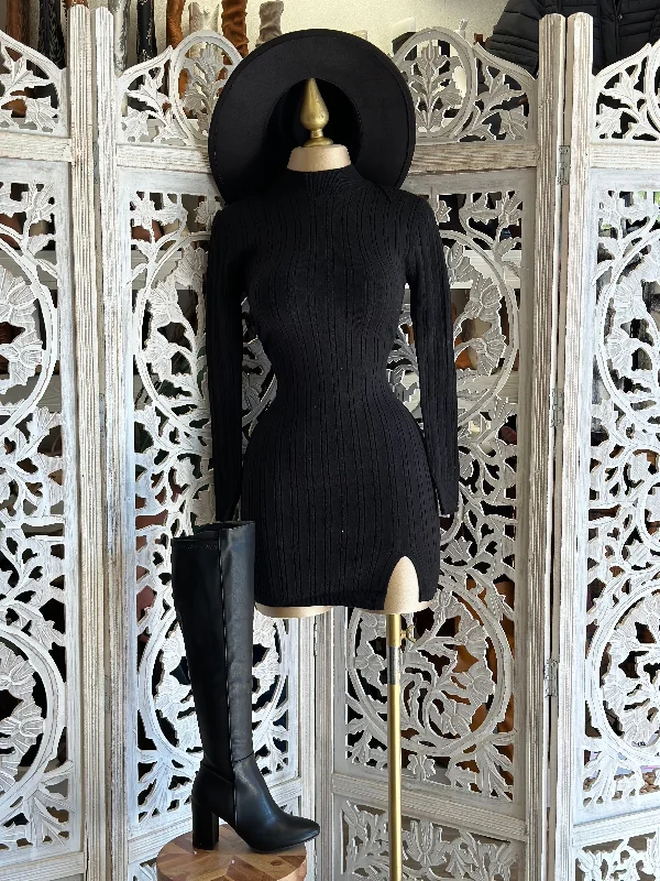 Black Sweater Mock Neck Mini Dress Mesh Fabric Canvas Fabric Denim Fabric