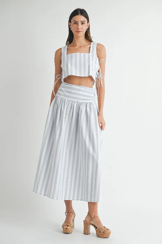 Lace Up Tank and Ruched Waist Midi Skirt Set grey tank top