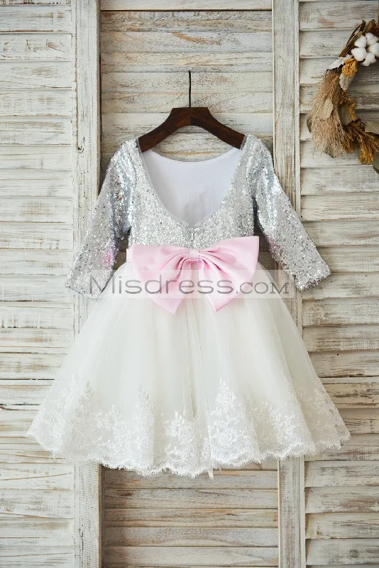 Long Sleeves Silver Sequin Lace Tulle V Back Wedding Flower Girl Dress