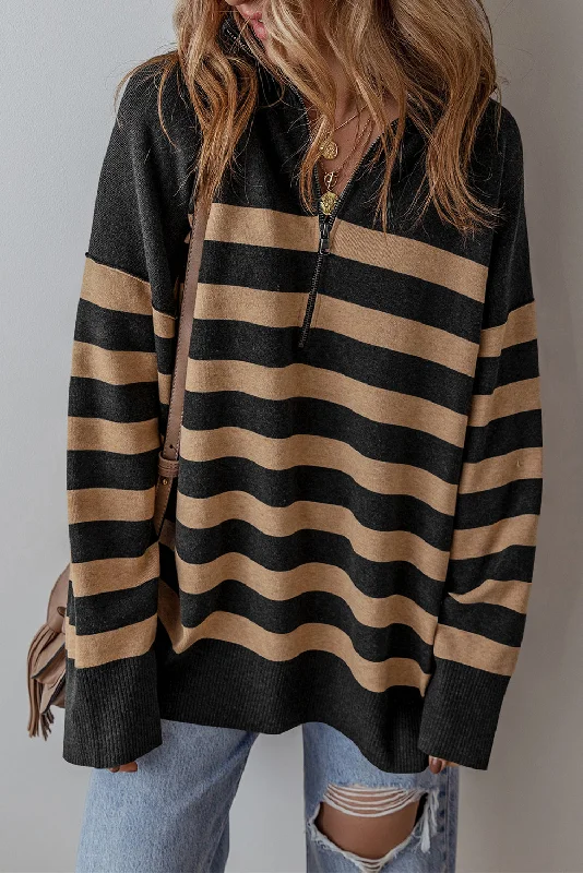 Stripe Collared Quarter Zipper Oversized Sweater Elegant Classic Vintage