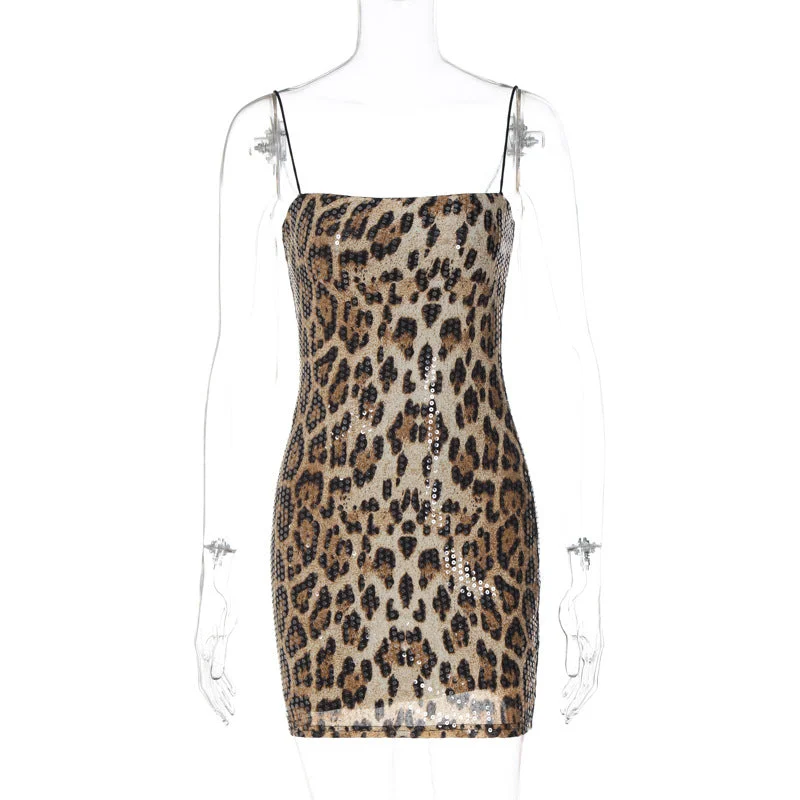 Pphmm outfit inspo Sexy Hot New Fashion Leopard Print Street Style Nightclub All-Match Strap Sequin Dress Women's Clothing