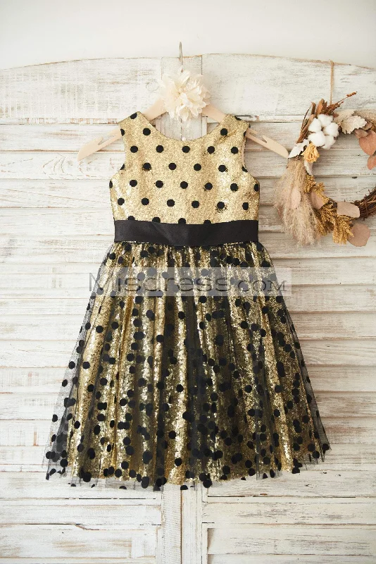 A-line Gold Sequin Black Polka Dot Tulle Wedding Flower Girl Dress, Bow